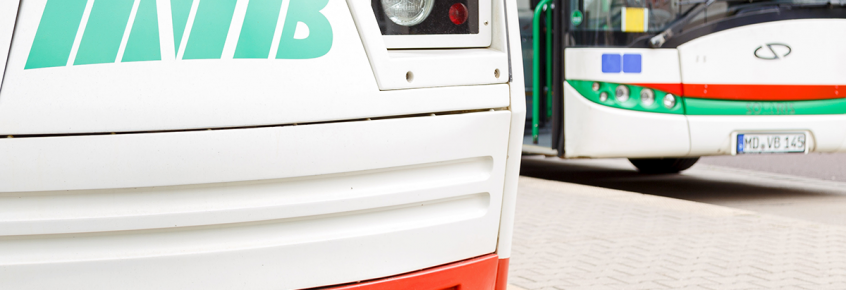 Nahaufnahme von Bus und Straßenbahn.