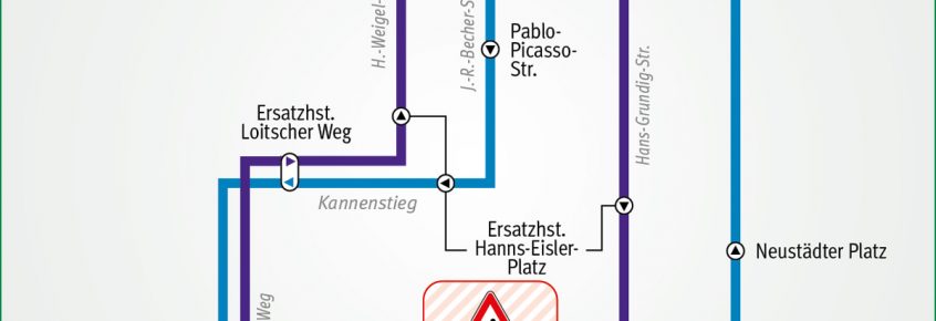 Umleitung der Linien 69 und N7, auf Grund der Sperrung der J.R.-Becher-Straße