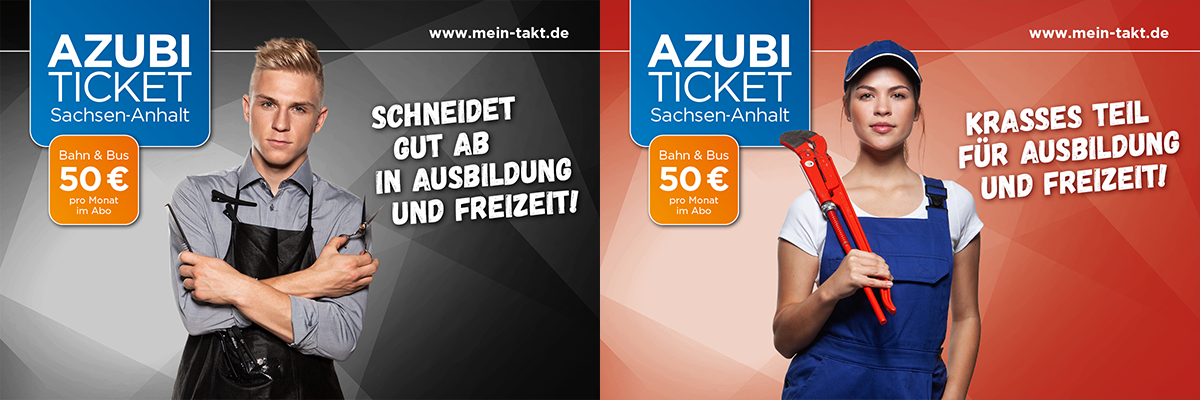 Header für das Azubi Ticket Sachsen-Anhalt mit zwei Motiven. Auf dem einen wird eine Friseur-Ausbildung mit einem jungen Mann, der eine Schere und eine Kamm in der Hand hat, beworben. Auf dem anderen wird eine Ausbildung zum Mechatroniker mit einer jungen Frau mit blauer Latzhose, die eine Rohrzange in der Hand hat, beworben.