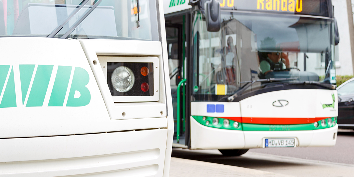 Straßenbahn im Vordergrund, im Hintergrund sieht man den Bus der Linie 56 Richtung Randau.