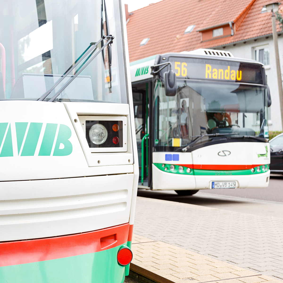 Straßenbahn im Vordergrund, im Hintergrund sieht man den Bus der Linie 56 Richtung Randau.