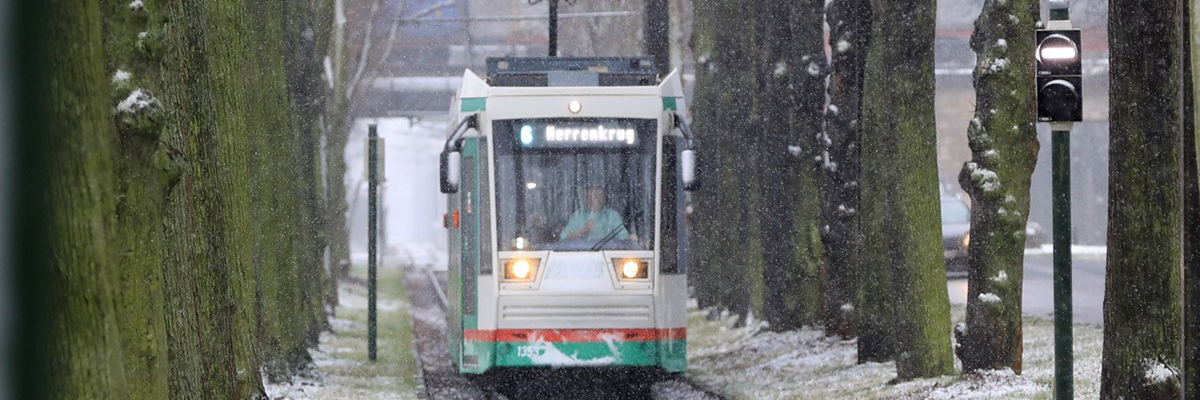 Straßenbahn im Herrenkrug bei Schneefall (Foto: Peter Gercke)