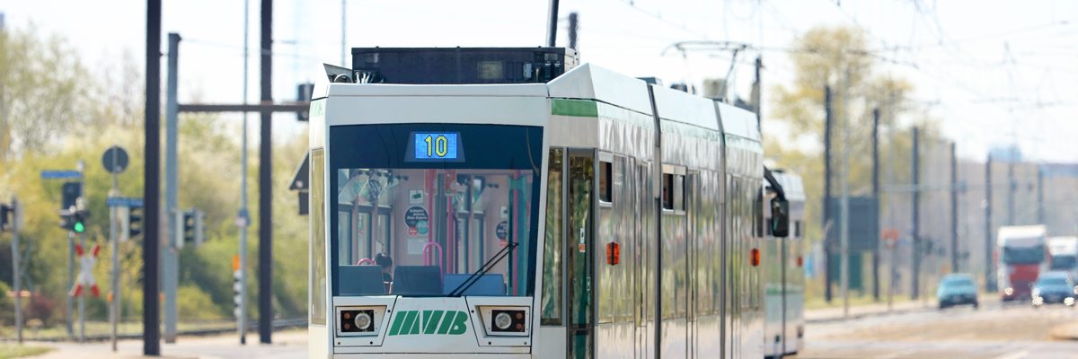 Straßenbahn der Linie 10 auf Straßenbahnstrecke auf dem August-Bebel-Damm
