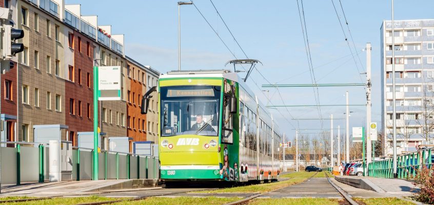 Straßenbahn der Linie 1 Richtung Kannenstieg an einer Haltestelle.