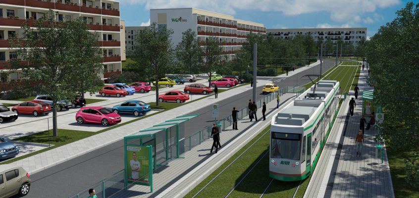 Visualisierung einer neuen Haltestelle entlang der neuen Nord-Süd-Verbindung in Magdeburg