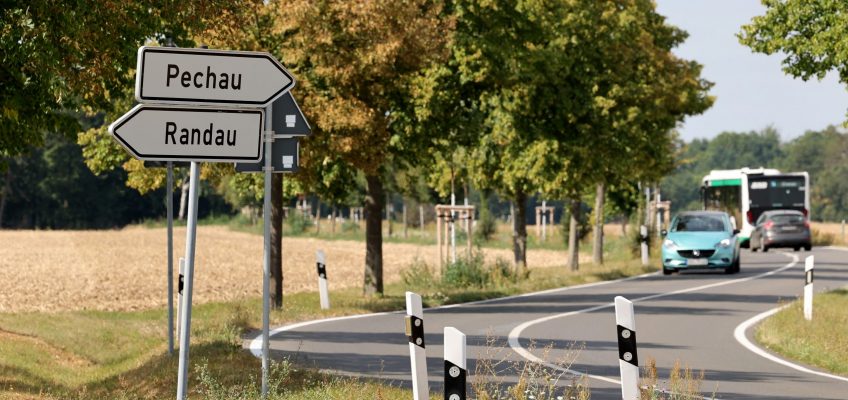 Wegweiser nach Pechau und Randau auf einer Landstraße auf der Strecke des Busses 56.