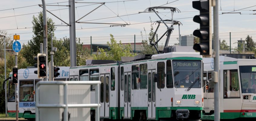 Straßenbahn der Linie 5 Richtung Klinikum Olvenstedt im Straßenverkehr.