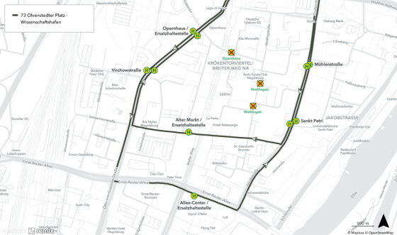 Umleitungsplan der Buslinie 73, gültig vom 18.03.24 bis einschließlich den 20.03.2024