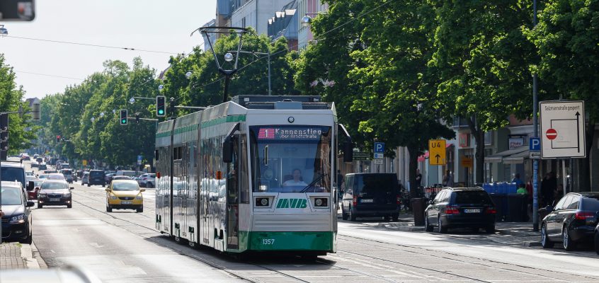 Straßenbahn der Linie 1 Richtung Kannenstieg auf der Halberstädter Straße.
