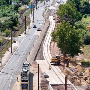 Luftbild vom August Bebel Damm vom Neubau der Straßenbahnstrecke Rothensee