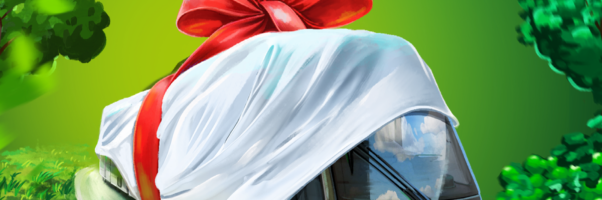 Grafik der Flexity Straßenbahn zum Teil von einem weißen Tuch und einer roten Schleife verdeckt