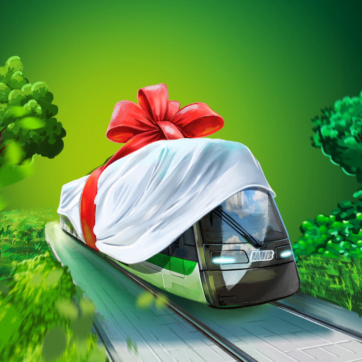 Grafik der Flexity Straßenbahn zum Teil von einem weißen Tuch und einer roten Schleife verdeckt