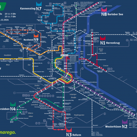 Nachtnetzplan der Magdeburger Verkehrsbetriebe gültig ab dem 16.12.2024