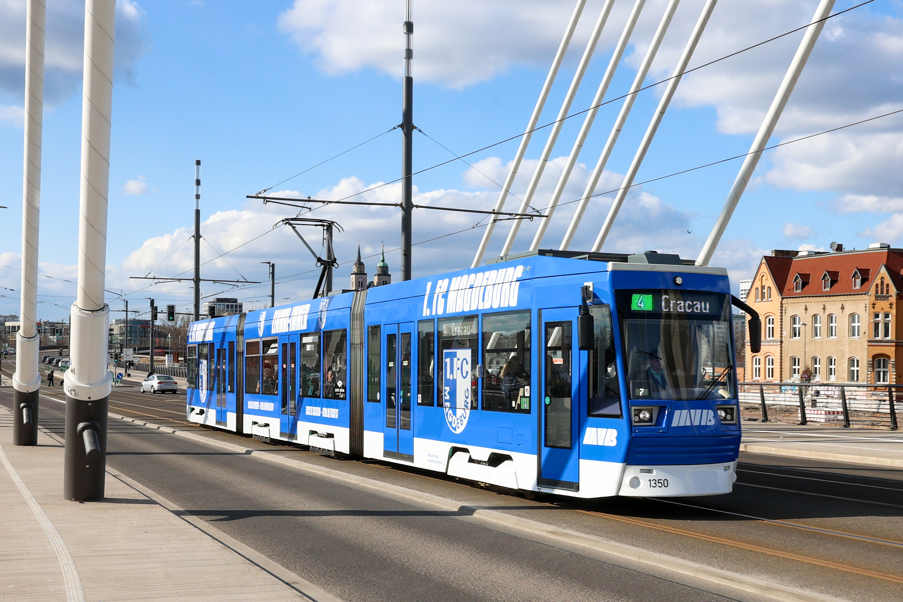 Straßenbahn der Linie 4 fährt im blau weißen FCM Design über die neue Pylonbrücke "Kaiser-Otto-Brücke" Richtung Stadion