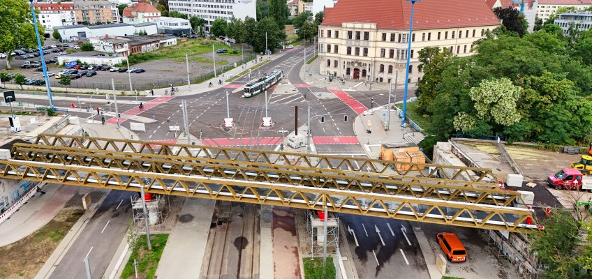 Vogelperspektive der provisorischen Ringbrücken am Damaschkeplatz