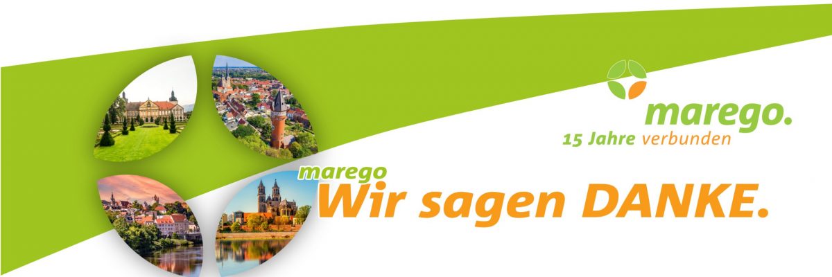 Aktionsbild des Magdeburger Regionalverkehrsverbundes marego zur Jubiläumsaktion für Abo-Kunden. Im linken Bereich sieht man regionale Fotos aus dem verbundgebiet und rechts die Aufschrift "Wir sagen danke."