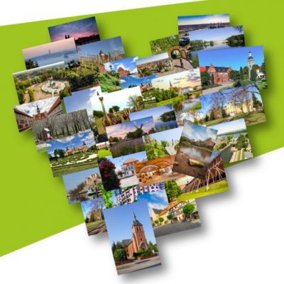 Viele regionale Fotos aus dem Verbundgebiet des Magdeburger Regionalverkehrsverbundes marego die in Herzform angeordnet sind.