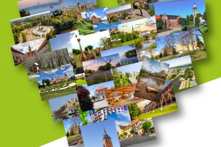 Viele regionale Fotos aus dem Verbundgebiet des Magdeburger Regionalverkehrsverbundes marego die in Herzform angeordnet sind.