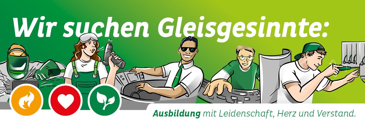 Banner mit der Aufschrift: Wir suchen Gleisgesinnte.