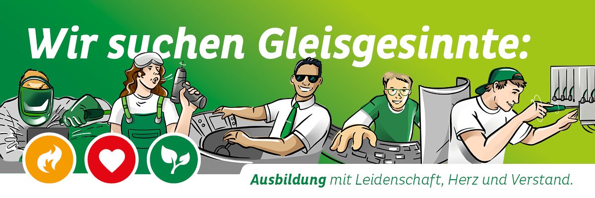 Banner mit der Aufschrift: Wir suchen Gleisgesinnte.