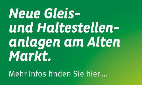Neue Gleis- und Haltestellenanlagen am Alten Markt. Mehr Infos unter www.mvbnet.de/zukunftsgleise
