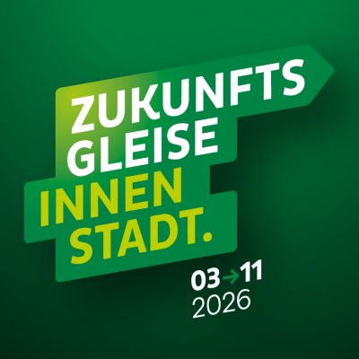 Kampagnenlogo zur Baumaßnahme Gleiserneuerung Breiter Weg: Zukunftsgleise Innenstadt