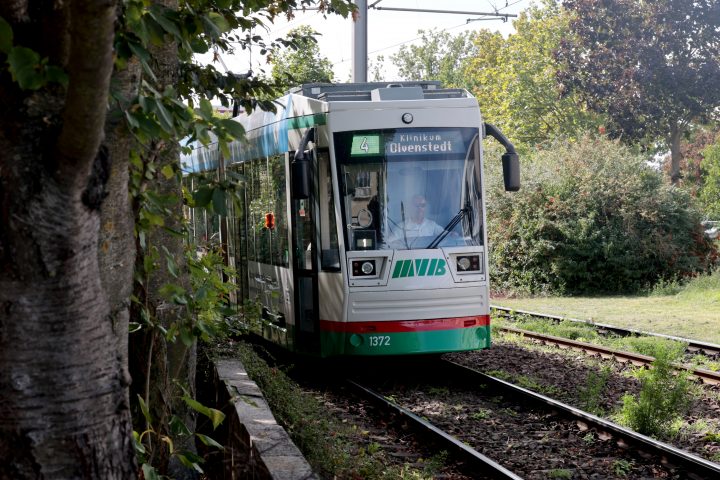 Straßenbahn der Linie 4 Richtung Olvenstedt