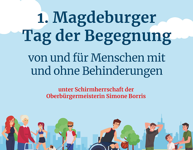 Grafisches Darstellung von Menschen mit und ohne Behinderung für den ersten Magdeburger Tag der Begegnung vom Deutschen roten Kreuz.