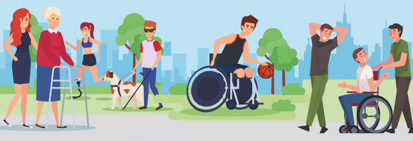 Grafisches Banner mit Menschen mit und ohne Behinderung für den ersten Magdeburger Tag der Begegnung vom Deutschen roten Kreuz.