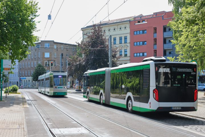 Bus und Straßenbahn an der Haltestelle Olvenstedter Platz