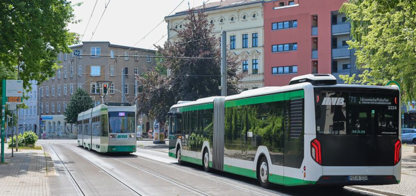 Bus und Straßenbahn an der Haltestelle Olvenstedter Platz