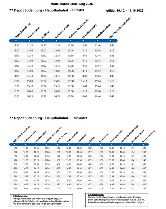 Fahrplan Linie 77, Hauptbahnhof - 10./11.10.2026